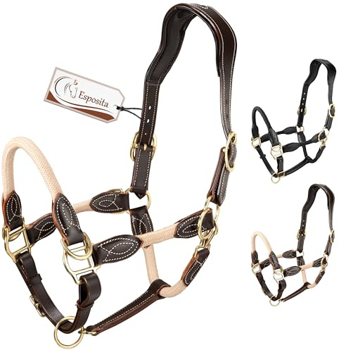 Esposita Seilhalfter Ranch Halfter für Pferde aus Leder und Seil mit rostfreien Messingbeschlägen auch ideales Halfter zum Reiten, als gebisslose Trense oder Wanderreithalfter Braun Gr. Cob/VB