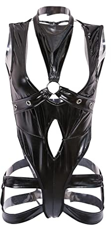 Mujer Lenceria Erótica una Pieza Babydoll Mono de Cuero PU Moda Ropa de Dormir Body Ahuecado Pijamas sin Entrepierna Abierta Blackless Transparente Ropa Interior Talla Grande