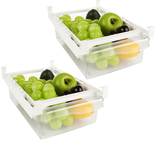 YAYODS 2PCS Fridge Organisers, Pull-out Fridge Drawers with Adjustable Slide Rail, Under Shelf Fridge Storage Drawers, Fridge Organiser Drawers for Fruit Vegetables Egg and Meat