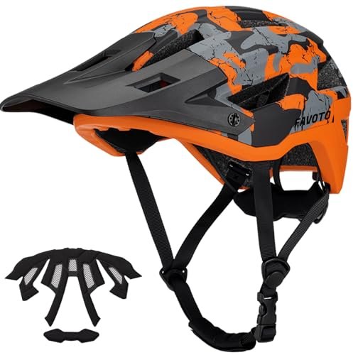 Favoto Mountainbike Fahrradhelm mit Schirm Leicht - Doppelte Inmould Technologie MTB Helm für Damen Herren Rennradhelm L(59-61cm) Verstellabr Camouflage Orange