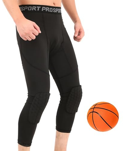 Pantalon De Compression 3/4 avec Genouillères pour Homme, Pantalon De Basket-Ball Cool Dry, Leggings Anti-Collision, Football, Basket-Ball, sous-vêtements De Sport (Black,L)
