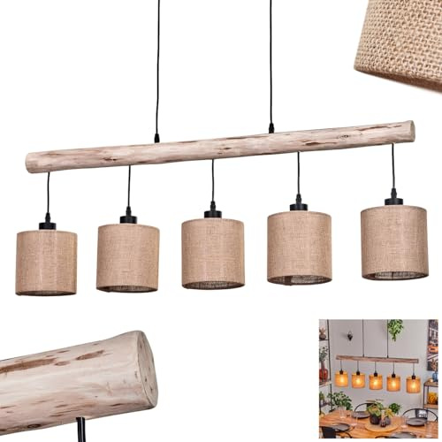 HOFSTEIN Pendelleuchte Soungou, moderne Hängelampe aus Holz/Metall/Leinen in Natur/Schwarz/Beige, 5-flammige Hängeleuchte im skandinavischen Design, Höhe max. 135 cm, 5 x E27, Esszimmer, Küche