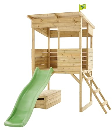 TP Toys Treetops Wooden Tower Playhouse With Toy Box And Slide - Fsc With Ladder,Slide and Lookout Deck, Made From FSC Certified European Wood, Outdoor Wendy House, Garden Playhouse for Kids, 3 Years+