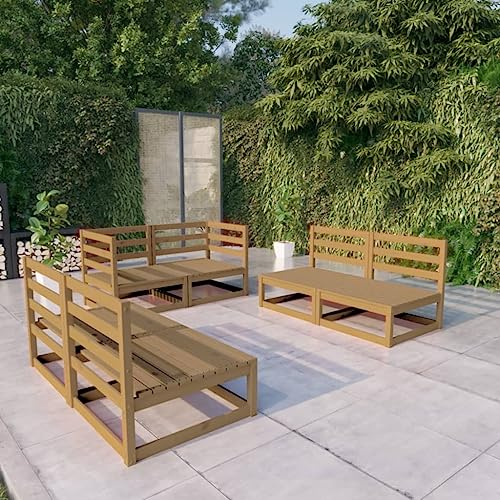 ULUYYUC 6-TLG. Garten-Lounge-Set, Stehtisch Bodensofa Eckbankgruppe Hocker Geeignet für Garten Außenbereich Balkon Hinterhof Honigbraun Massivholz Kiefer