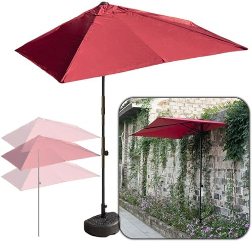 DSKJHI 250 x 130 cm Marktschirm Stahl Gartenschirm mit Halbrunden Ständer, 200 x 100 cm Kleiner Balkon Halb Sonnenschirm Terrassenschirm UV50+ Polyester (Farbe : Rot, Größe : 200X100cm(with Base))