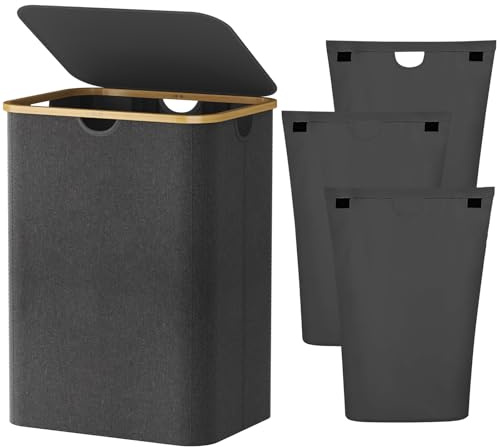 Lifewit 150L Wäschekorb mit 3 Fächern und Deckel, Dunkelgrau | Großer Wäschesammler mit 3 herausnehmbaren Wäschesäcken, Wäschebox zum Sortieren für Schlafzimmer und Bad