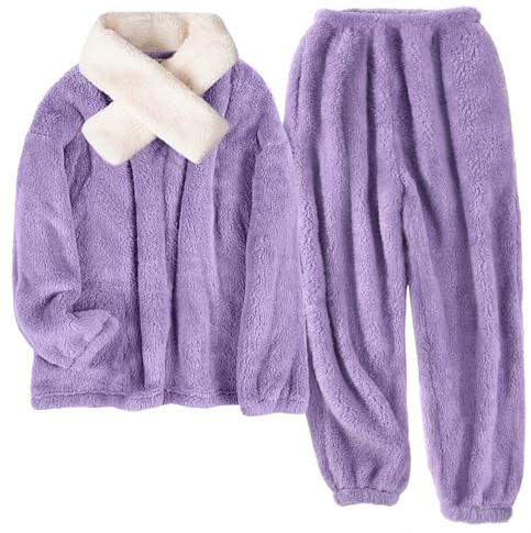 Tuopuda Pyjamas för kvinnor vinter tvådelad pyjamas fleece pyjamas med halsdukar fickor långärmad tröja och långa byxor, sovkläder sovkläder, Lila-2, XL