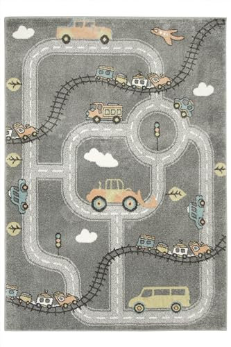 AKCILA Rechteckig Kinderteppich Lima Straßen Auto, Zug Teppich Grau 80x150cm, Teppiche für EIN Kinderzimmer mit kurzem Flor, Teppich für einen Jungen,Mädchen, Kinderteppich, Spielteppich, Kids Carpet