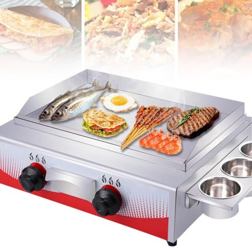 TAHALI Commercial Desktop Gas Griddle, Stainless Steel Countertop, Dual Control, BBQ Flat Hot Plate For Rapid Heating - Perfect For Steak, Eggs, Pancakes