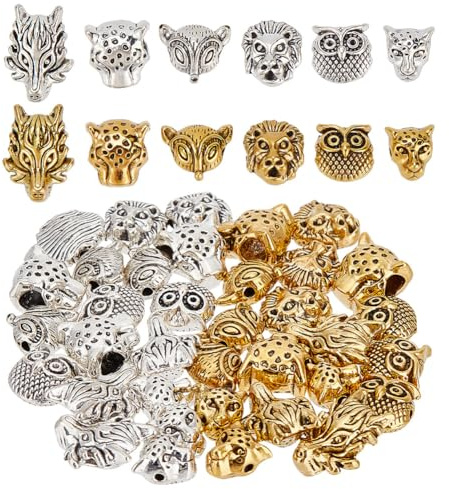 DELORIGIN 48 Stück Legierung Tierkopf Perlen 6Stile Abstandsperlen Im Tibetischen Stil Eule Löwe Fuchs Leopard Wolfskopf Lose Perlen Antiker Europäischer Charm Für Halloween Armband Schmuckherstellung