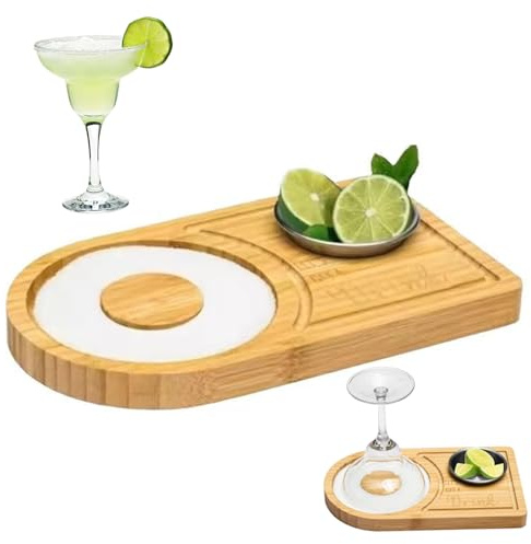 Obelunrp Margarita Salt Rimmer Set, 9.5x5.5inch Bamboo Cocktail Rimmer with Seasoning Tray, Margarita Sugar Rimmer for Cocktails