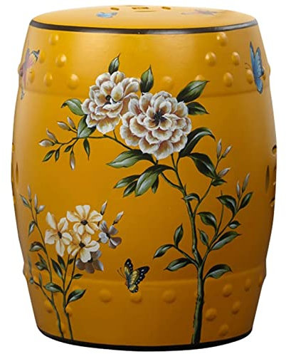 Ceramic drum table,ceramic drum stool,Decorative Ceramic Garden Stool, Glazed Hollow Hand-Painted Flower and Bird Shoe Changing Stool Drum Stool, Suitable for Outdoor Garden, Living Room,(Yellow C001