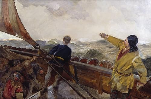 ENYLUFUT Berühmte Gemälde Leinwand Malerei Wandkunst Bilder Deko Kunstwerk Leif Erikson entdeckt Amerika von Christian Krohg Abstrakt Poster für Wohnzimmerdekoration 60x90cm