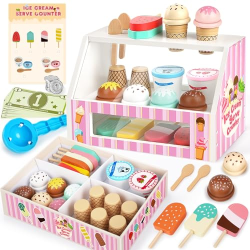 Dreamon glassbar barn trä, köpbutik tillbehör Montessori leksak, EIS träleksak med leksakspengar mynt, glassbutik barn rollspel, gåva 3-4 år flicka pojke (glassbar plus)