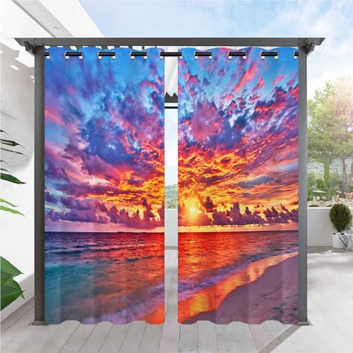 ANHOPE Sonnenuntergang Strand Ozean Outdoor Vorhänge mit Ösen Wasserdicht Wetterfest Außen Vorhang für Balkon Terrasse Garten Pergola Pavillon Aussen Gardinen 2er Set H275 x B132 cm