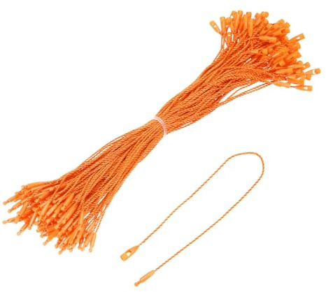 QUARKZMAN 100 Stück Hängeetiketten Etiketten Schnur, 200mm Sicherheitsfäden für Etiketten, Schnappverschluss zum Anbringen für Hängeetiketten Kleidung, Orange