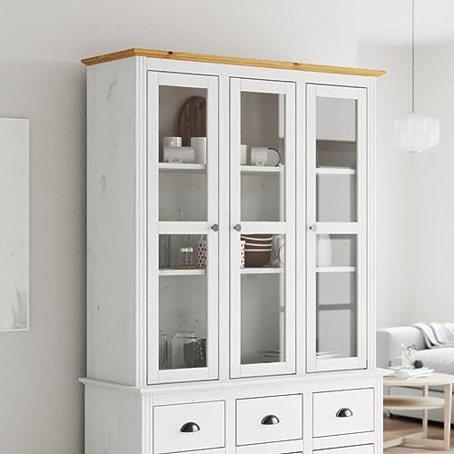 Xichuzi Vitrinenschrank mit Glastüren BODO Weiß und Braun Kiefernholz, Glasvitrine, Vitrinenschrank, Schrank, Display Case, Sammlervitrine, Glassvitrinenschrank