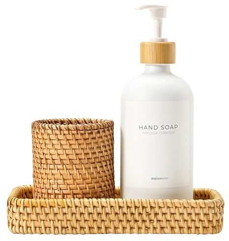 MaisoNovo Rattan-Badezimmer-Set – Weißer Spender für die Arbeitsplatte, Zahnbürstenhalter und Zahnpastabecher mit Tablett – 3-teiliges Set – Rattan-Badezimmerablagen, rechteckig, zur Aufbewahrung