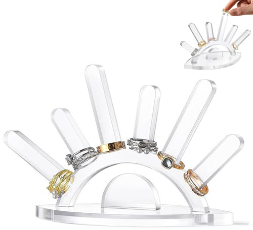 JAWAI Ringhalter Aschmuck Ständer Ringständer Schmuck Anzeige Ring Holder für Schmuck 6 Finger Süßer Schmuckständer aus Holz Schmuckständer Geeignet für die Aufbewahrung von Ringen Armbändern (Klar)
