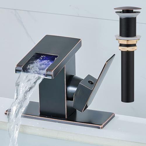 AVSIILE LED Bathroom Sink Faucet, Oil Rubbed Bronze Waterfall Single Hole Handle Vanity Faucets for Sinks 1 Hole with Metal Pop Up Drain and 2 Water Supply Lines, Side Handle