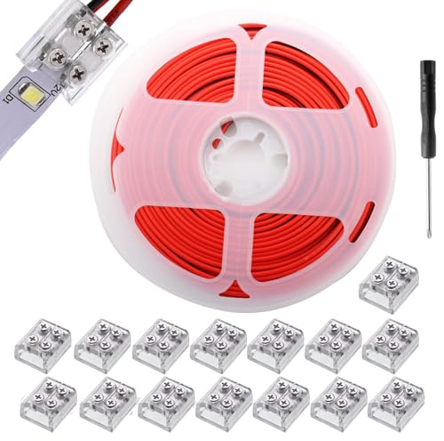 RUNCCI-YUN 15piezas conector cinta 5 V, 12 V, 24 V LED 2 pines 8 mm, con 20M 22AWG cable alargador tira LED con destornillador (transparente)