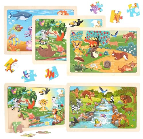 5 × 24 Teile Holzpuzzle Kinder ab 3 Jahren – Holzpuzzle Set mit 5 Tierwelten (Bauernhof, Meer & mehr), 15 × 22,5 cm Puzzle Kinder, Lehrreiches Spielzeug für Jungen und Mädchen