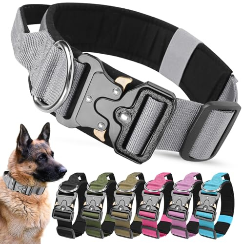 AKOFIC Taktisches Hundehalsband mit Griff, Breites Halsband Hund Gepolstert aus Nylon, Verstellbar Robuster Dog Collar mit Metallschnalle für Mittlere Große Hunde (Grau, L)
