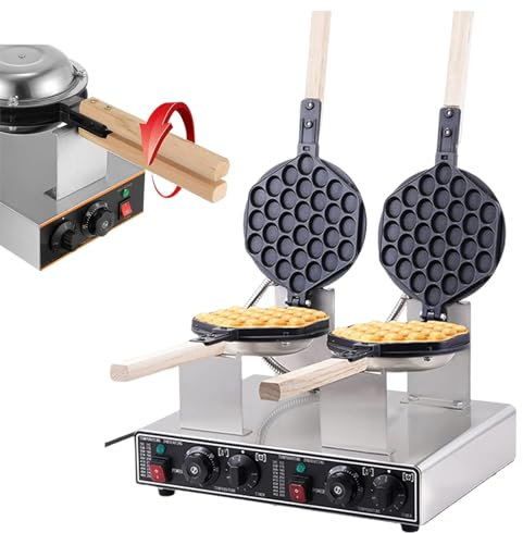 Commercial Bubble Waffle Maker, 180° Rotary Non-Stick Teflon Baking, 1400W Electric Stainless Steel Double Head, Perfect for Egg Waffles