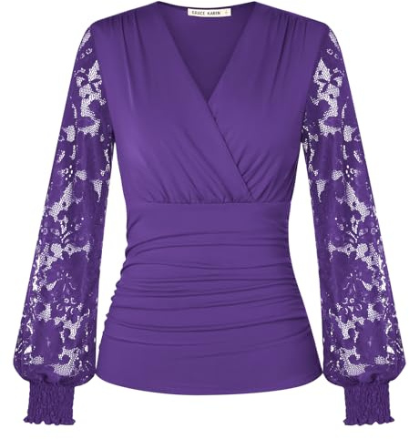 GRACE KARIN Damen 2025 Herbst Winter Oberteile Lange Spitzenärmel Elegante Bluse Falten Bauchweg Wickelbluse Lila XL