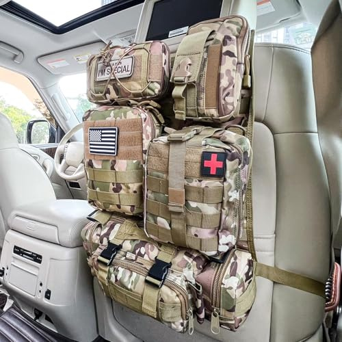 Organizador táctico para asiento de coche, almacenamiento de asiento de coche con 5 bolsas Molle desmontables para colgar, organizador de respaldo de coche, organizador para la mayoría de vehículos