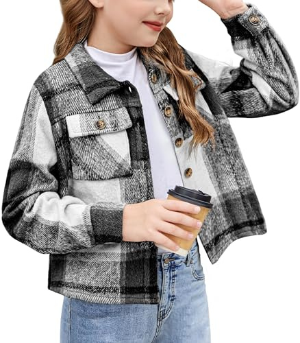 Arshiner Ragazze Camicie a Quadri Autunno-Inverno Camicie a Maniche Lunghe comode e alla Moda Giacca Corta con Risvolto abbottonata Bluse per Bambine 12-13 Anni