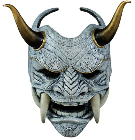 Pesoncarl Masque Oni, Masque de Samurai Plein Visage Effrayant avec et Corne de bœuf, 11x9, 5 Horror Devil avec Bande élastique pour Halloween, Mascarade, Accessoires Cosplay