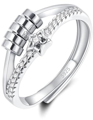 Lynizo Anxiety Ring, Damen 925 Sterling Silber Anti Stress Ring mit Perlen | Herz/Stern/Twist Offen Verstellbar Angst Rings mit Zirkonia, Damen Mädchen Fidget Stressring, Silber Finger Antistressring