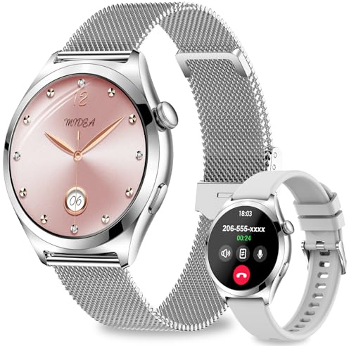 niolina Smartwatch Damen, 1,27 Rund Klein Smart Watch mit Telefonfunktion, Armbanduhr mit 120+Sportmodi, Fitnessuhr mit Pulsuhr Schlafmonitor Schrittzähler, IP68 Fitness Tracker iOS Android (Silber)