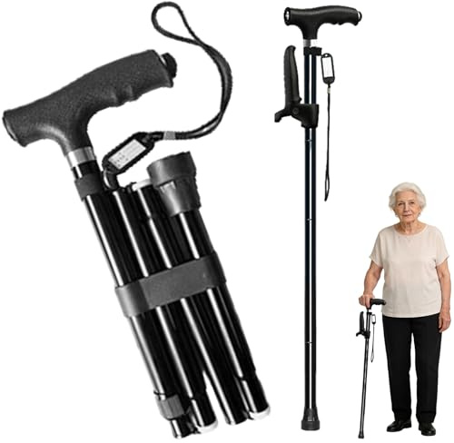 AURIVEE® Bastón de Marcha Plegable Ajustable con Luz LED, Bastón Telescópico de Doble Asa para Personas Mayores, Bastón de Senderismo Portátil (Negro)