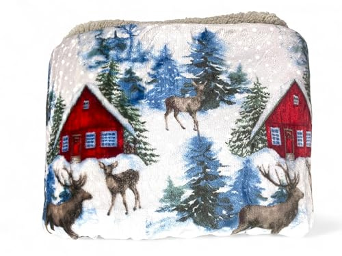 Tex family Decke Sherpa Baita Alpina – Winterdecke aus weichem Fleece mit Lamm-Rückseite – schneebedeckte Hirsche und Hütten – Doppelbett