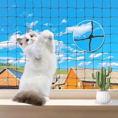 Freyeeti Filet Chat Balcon, Filet de Protection Chat avec Clous et Crochets Adhésifs, Renfort en Fil d'acier, Protection Fenetre sans Percer pour Balcons, Portes, Fenêtres, Escaliers (3x2m)