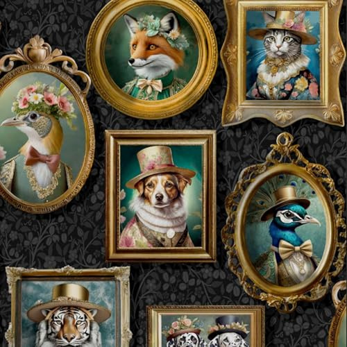 SOPHIE LAURENCE Charcoal Animal Wallpaper – Victorian Dogs in Frames with Floral Leaf Details, Cats and Birds | Decorative Feature Wall