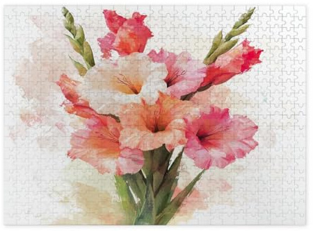 Spring Gladiolus Flower Jigsaw Puzzles for Adults 500 Piece, Watercolor Florals Plant Wooden Puzzles, Botanical Pattern Decor for Home