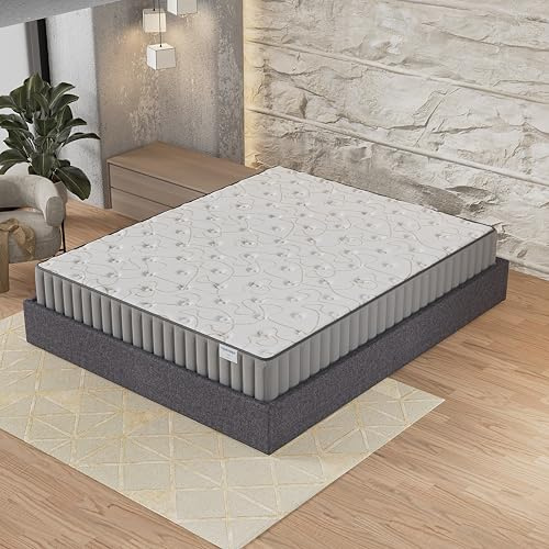 NOVEMBER Ensemble Matelas + lit Coffre - Matelas Mousse Mémoire de Forme d’épaisseur 22cm + Lit Coffre, Sommier à Lattes en Bois Flexible, Grand espaces de rangements (Gris, 140 x 190 cm)