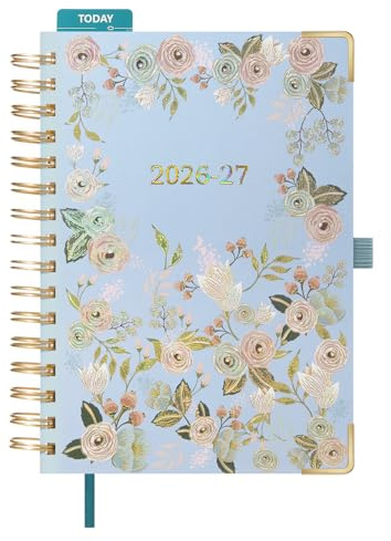BEZEND Agenda 2026 2027 Settimanale A5 Verticale Spirale, 18 Mesi da Lug.26 a Dic.27, Design Floreale, Diario Scuola 21 x 15,5 cm con Orario, Copertina Rigida, Carta da 120 g/m², Grigio-blu