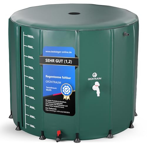GRÜNTRAUM Botte per acqua piovana pieghevole, 1000 l, XXL, con indicatore di livello e sistema Air Wing per giardino (verde, 1000 l)