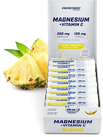 Energybody® Flüssig Magnesium Ampullen mit Vitamin C, 20x25ml / 250 mg Hochdosiertes Magnesium, 120 mg Vitamin C/Magnesium Shot mit Magnesiumcitrat - Ananas Geschmack