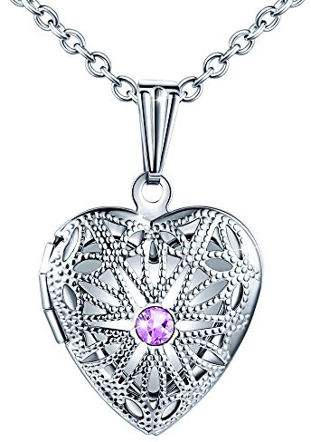 MicLee Damen Kette Edelstahl Foto Medaillon Photo Bilder Amulett Lila Zirkonia Silber Herzanhänger Halskette mit Geschenkbox Grußkarte