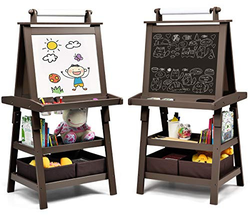 Costzon Kids Art Easel, 3 in 1 Double-Sided Wooden Easel w/Magnetic Whiteboard, Chalkboard & Paper Roll, 2-Tier Rack w/ 2 Storage Boxes, Standing Easel for Kids, Toddlers, Boys, Girls (Coffee)