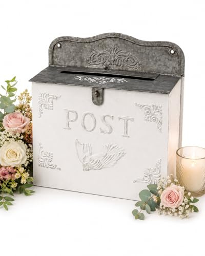 The Nifty Nook Cassetta delle lettere in stile vintage, con ciondolo nostalgico, decorazione per la casa, design rustico, 32,4 cm di larghezza x 34,9 cm di altezza (bianco orizzontale)