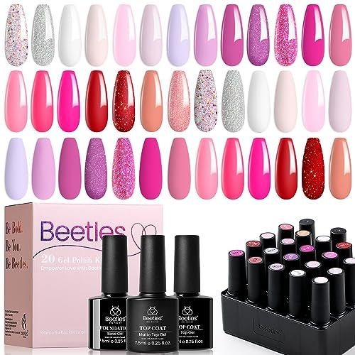 Beetles Gel Polish Set- Alluring Sweetie Collection Nail Set 20 Colors Red Nude Pink White Glitter Gel Polish Kit Soak Off Nail Lamp Varnish Manicure DIY Beauty Nail Art Gifts for Girls