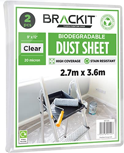 brackit 2pc Biodegradable Large Plastic Dust Sheets for Decorating - 2.7m x 3.6m (12ftx 9ft) 20 Micron - Embossed White Plastic Sheets for Painting - Waterproof Plastic Sheets for Painting & Covering