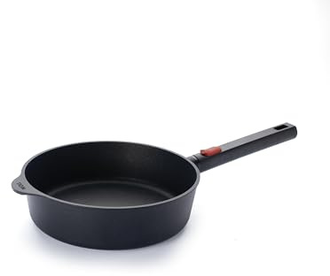 Woll Eco Logic QXR Guss-Hochrandpfanne - Induktiv -, Ø 24 cm, 7 cm hoch, mit abnehmbaren Stiel - Geeignet für alle Herdarten, PFAS-frei, Antihaft-Versiegelung, Aluminiumguss, backofenfest, schwarz