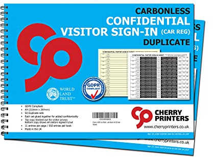 Cherry Printers | Carbonless Confidential Visitor Sign in Book with CAR REG A4 | GDPR Compliant Duplicate Visitor Logbook | Hidden Name Sign in Sheets | 50 Duplicate Sets | Office **2 Pack**